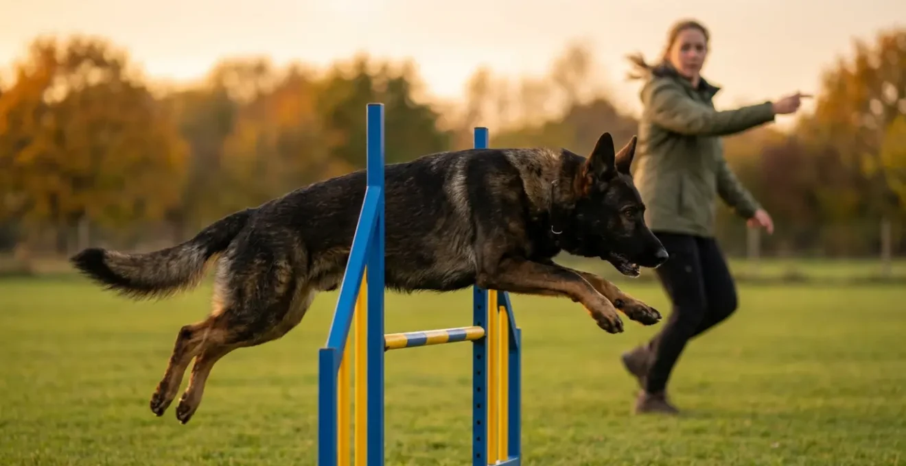 Grand chien berger allemand franchissant un obstacle d'agility avec contrôle et fluidité