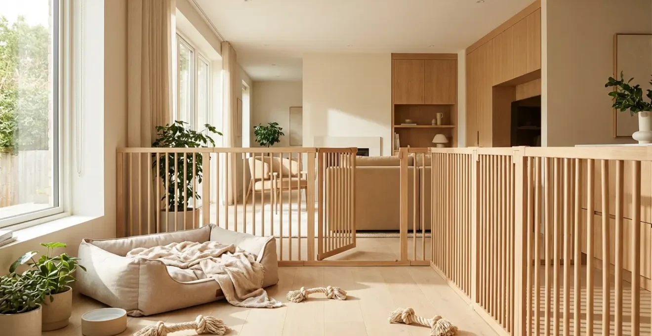 Espace de vie aménagé pour un chien avec des barrières créant une zone de confort et de liberté contrôlée.