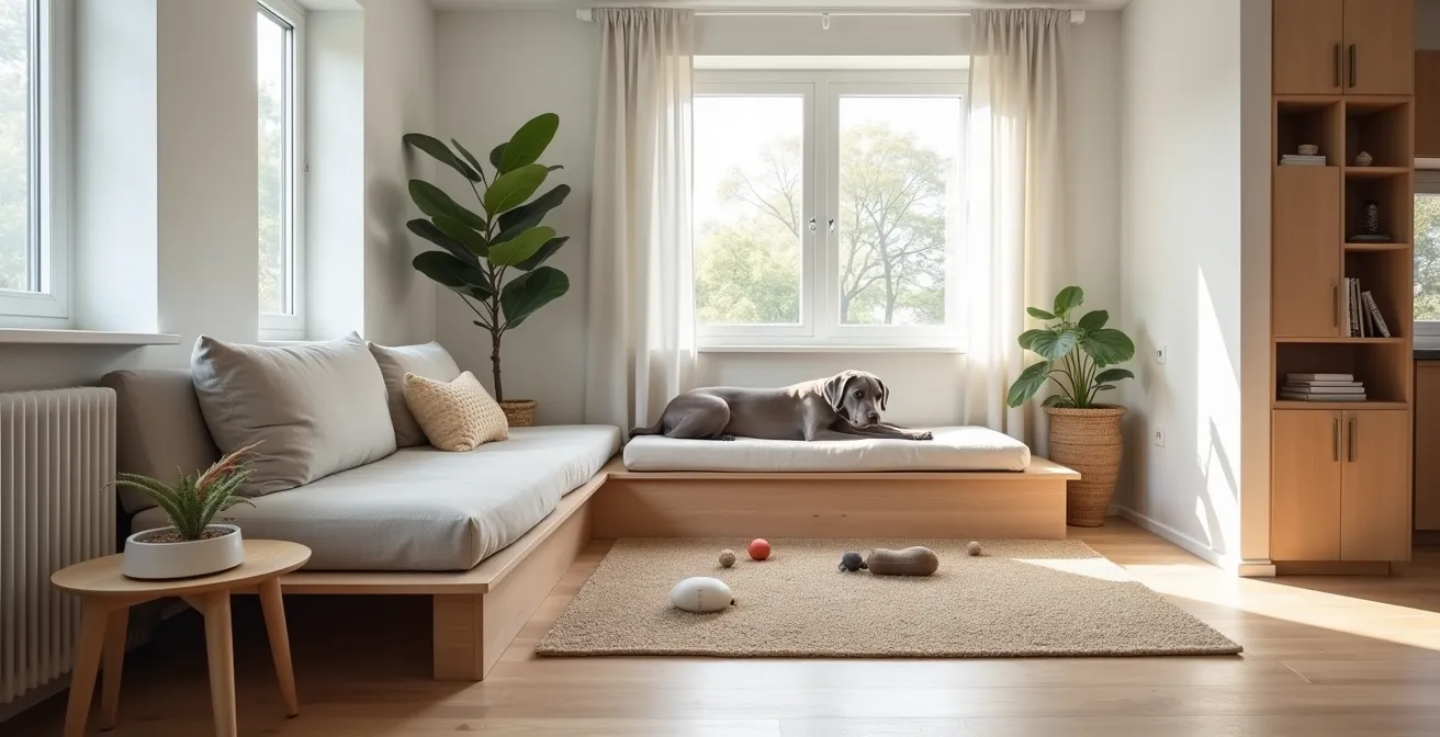 Intérieur d'appartement aménagé avec zones dédiées pour chien, incluant coin repos et espace jeux
