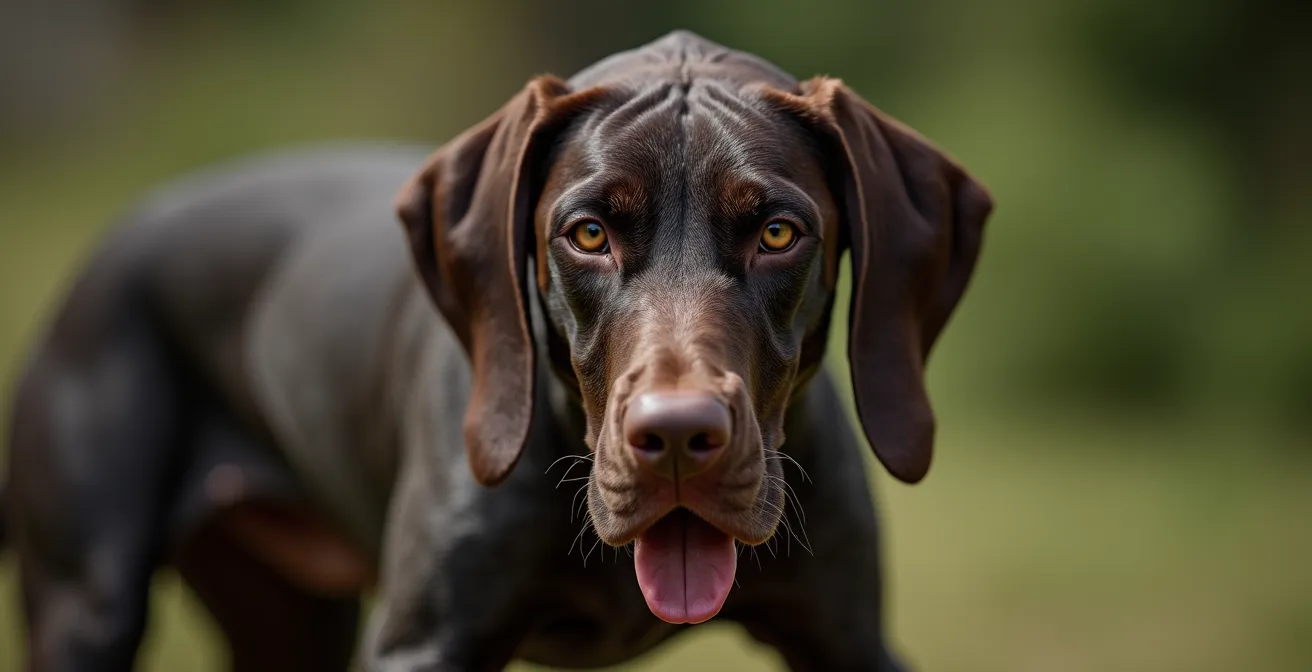 Gros plan sur la musculature d'un Braque allemand en pleine course dans un champ, montrant la beauté naturelle sculptée par l'exercice