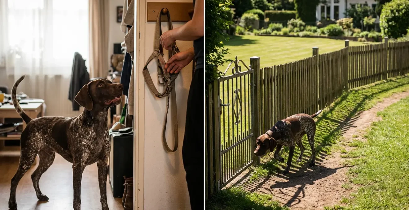 Contraste entre un Braque allemand actif et heureux en appartement et un autre frustré derrière la clôture d'un jardin.