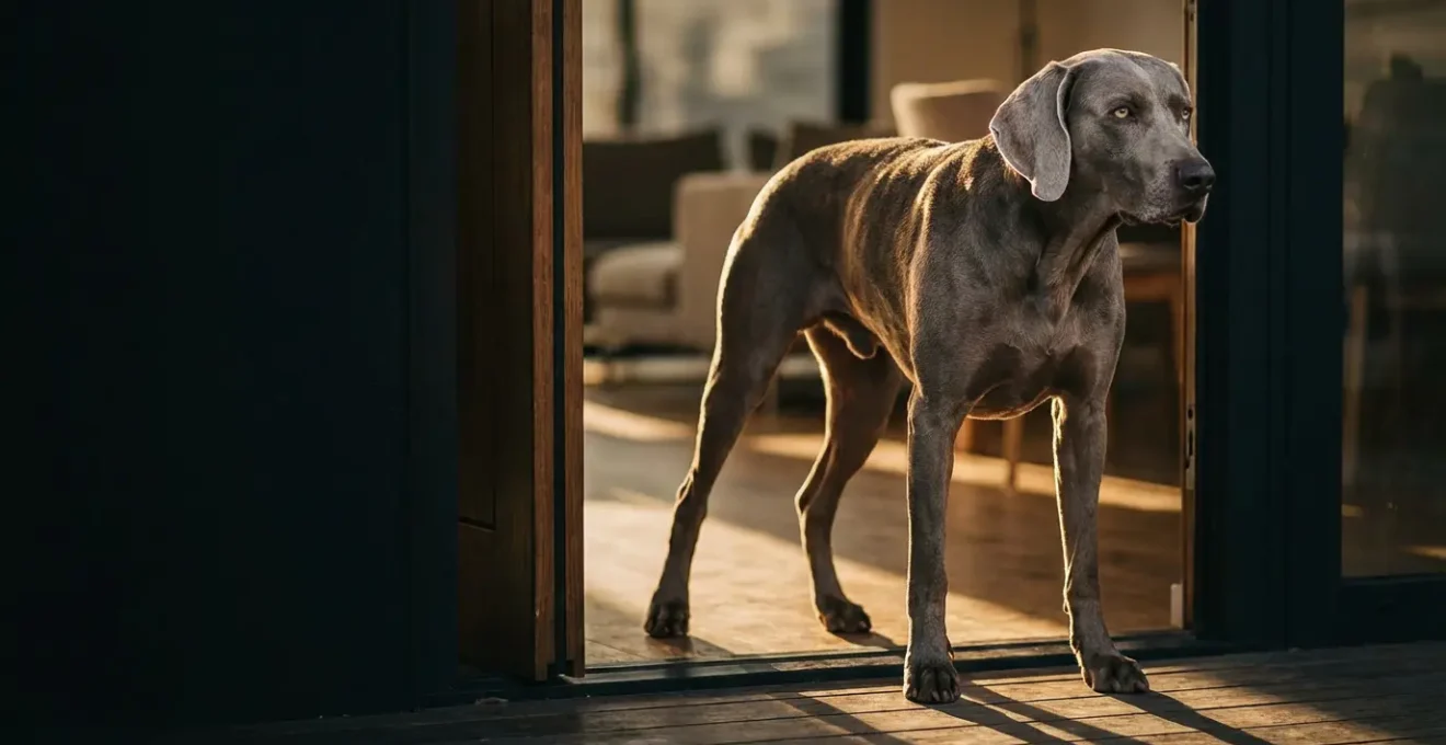 Braque de Weimar vigilant dans l'entrée d'une maison, surveillant attentivement son territoire
