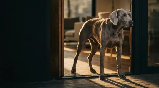 Braque de Weimar vigilant dans l'entrée d'une maison, surveillant attentivement son territoire
