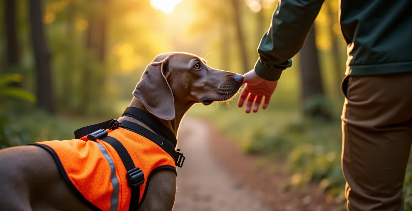 Braque de Weimar équipé d'un gilet de sécurité en forêt