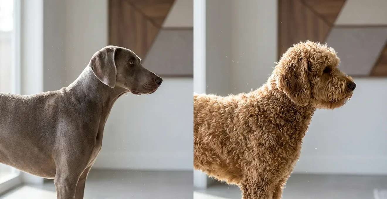 Comparaison visuelle entre un Braque de Weimar au poil court et un Labradoodle au pelage bouclé dans un intérieur moderne