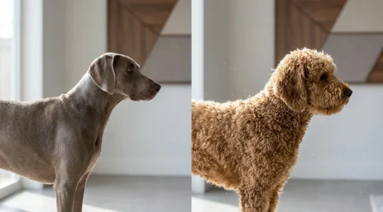 Comparaison visuelle entre un Braque de Weimar au poil court et un Labradoodle au pelage bouclé dans un intérieur moderne