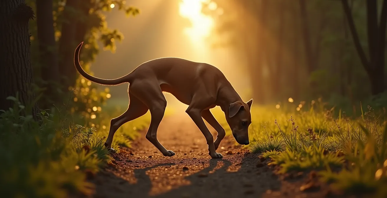 Braque de Weimar en activité de pistage dans un environnement forestier