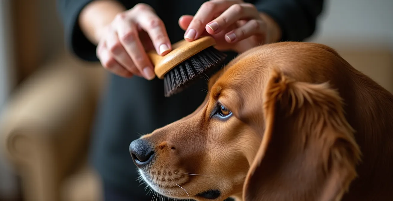 Mains brossant délicatement le pelage d'un chien avec une brosse en poils naturels
