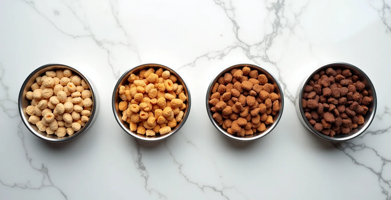 Quatre gamelles alignées montrant la progression graduelle d'une transition alimentaire, avec des proportions changeantes de deux types de croquettes.