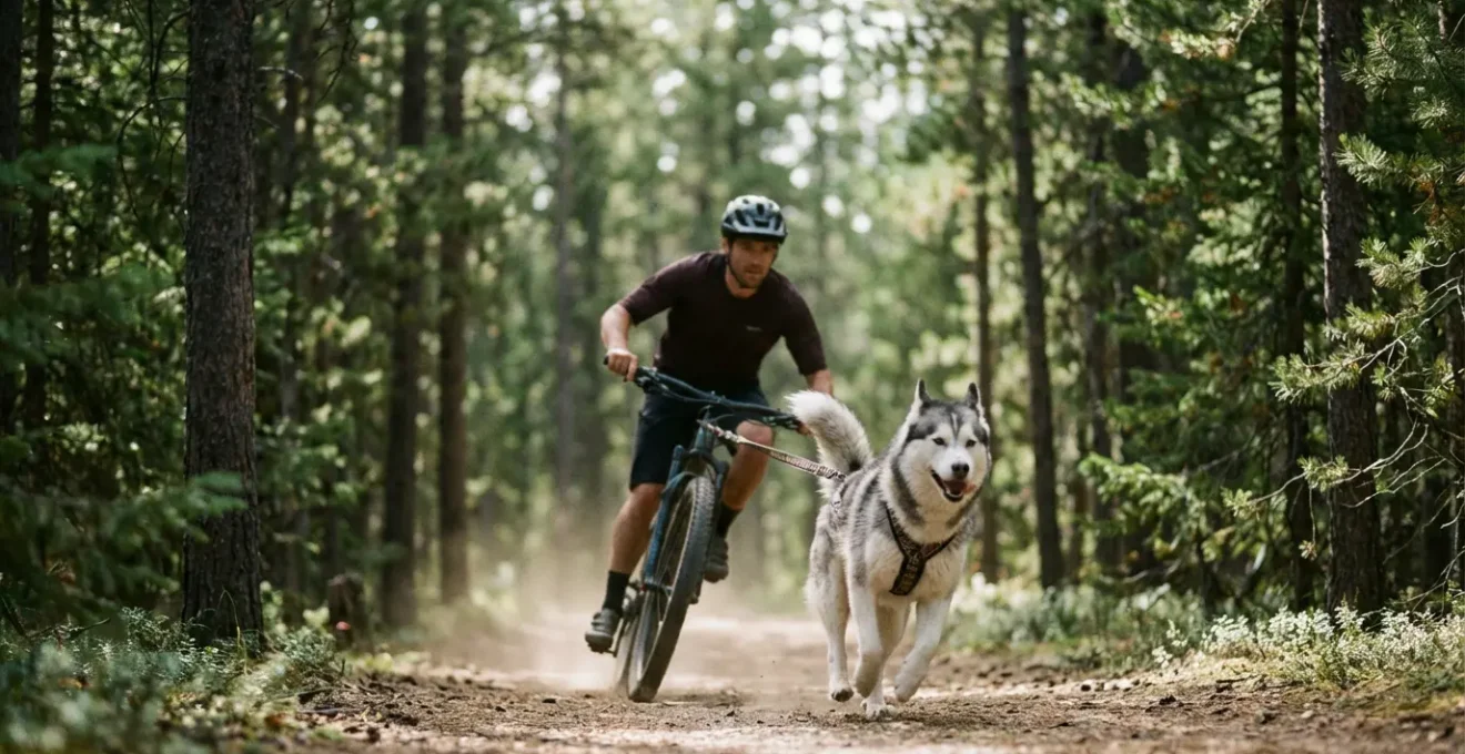 Duo sportif en cani-VTT traversant une forêt avec chien husky tractant devant