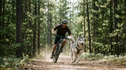 Duo sportif en cani-VTT traversant une forêt avec chien husky tractant devant