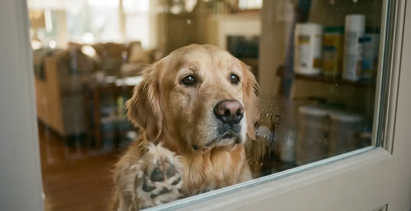 Chien anxieux regardant à travers une porte vitrée, exprimant la détresse de la séparation