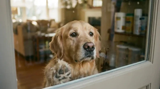Chien anxieux regardant à travers une porte vitrée, exprimant la détresse de la séparation