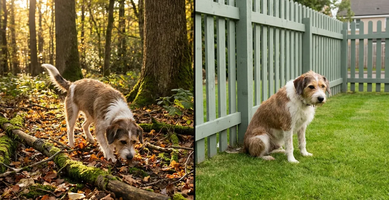 Chien épanoui en balade en forêt contrastant avec un jardin clôturé
