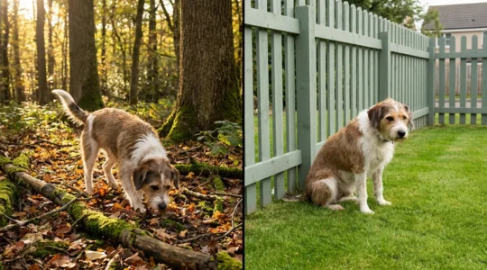 Chien épanoui en balade en forêt contrastant avec un jardin clôturé