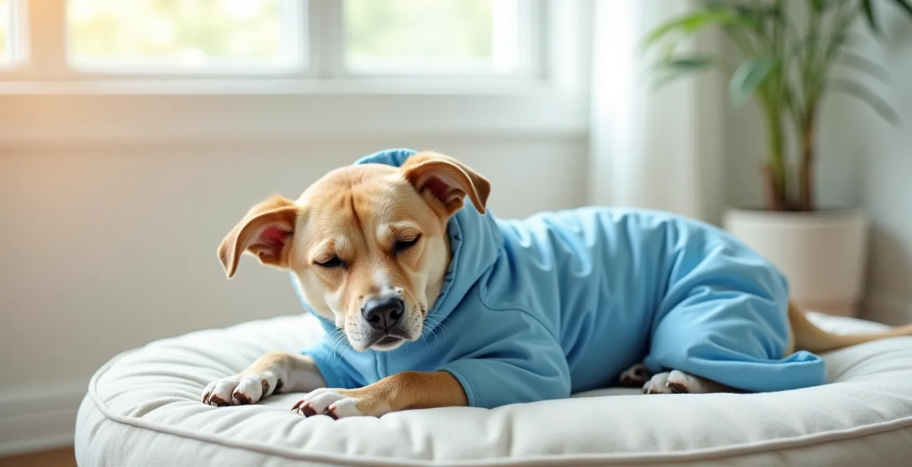 Chien portant un body de protection médical bleu, allongé confortablement sur un coussin