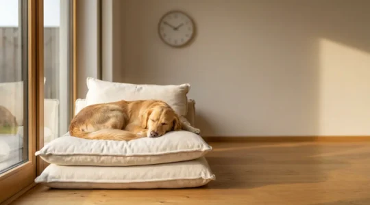 Chien paisible observant par la fenêtre pendant sa routine matinale