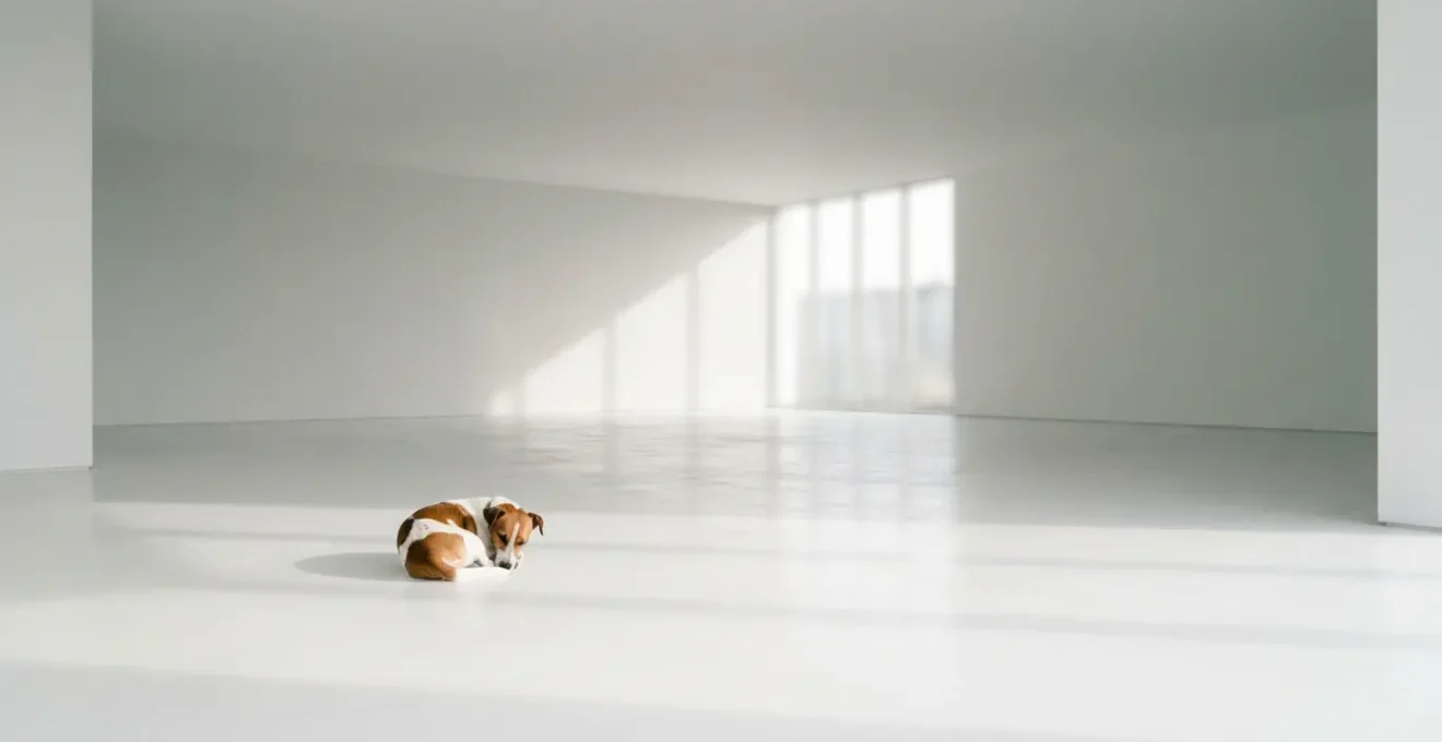 Vue environnementale d'un chien montrant les signes de détresse acquise dans son contexte