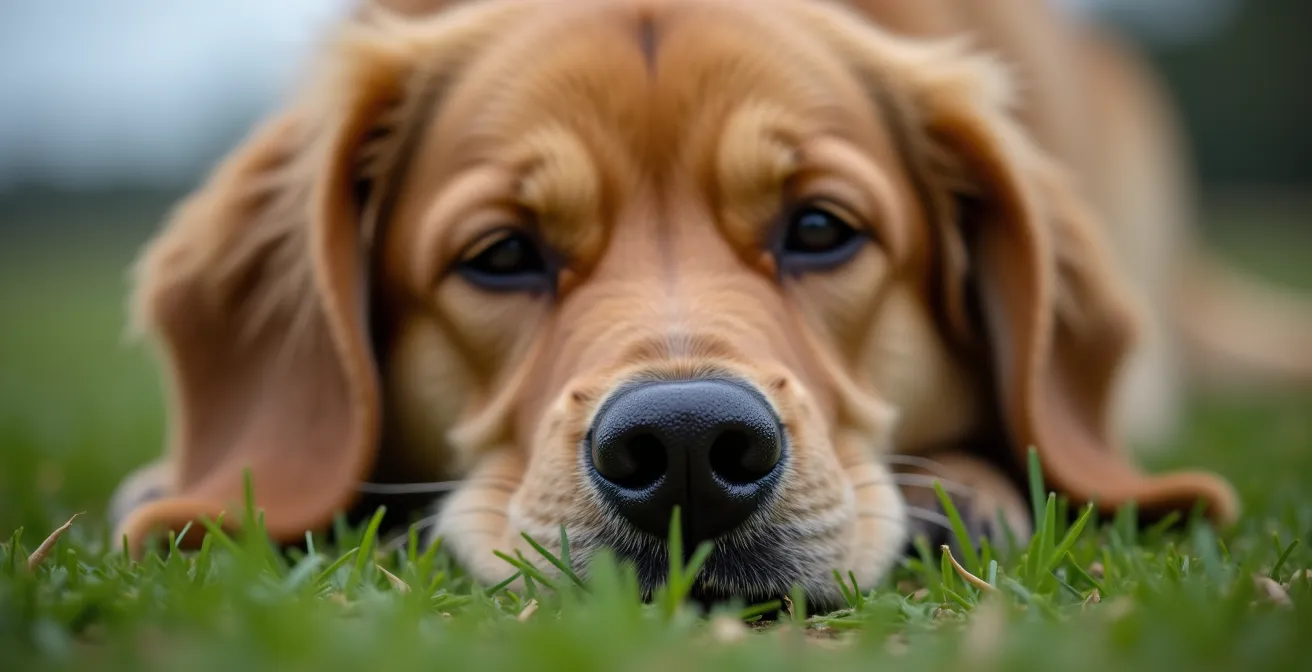 Chien épuisé mais satisfait après une séance de pistage