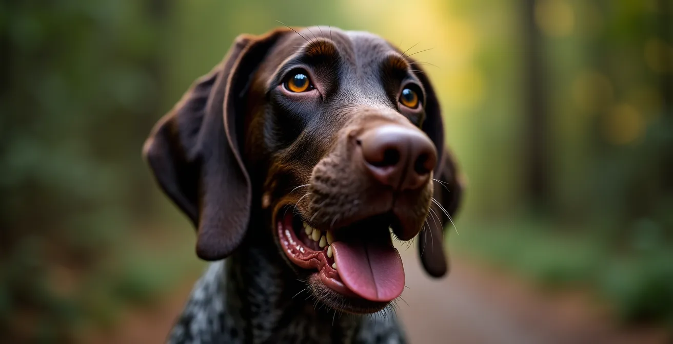 Gros plan sur un braque montrant des signes de fatigue saine après un effort, avec un halètement maîtrisé et un regard alerte.