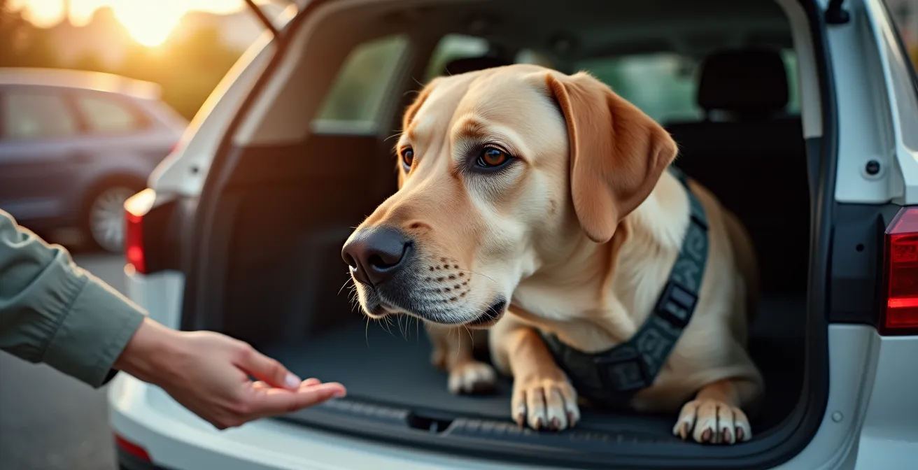 Grand chien attaché avec harnais de sécurité dans le coffre d'une petite voiture