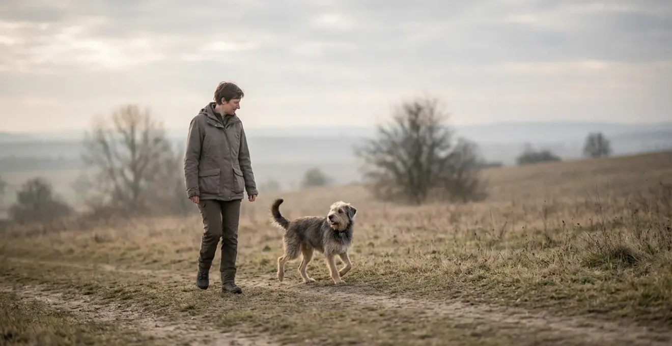Chien et maître échangeant un regard complice pendant une chorégraphie narrative