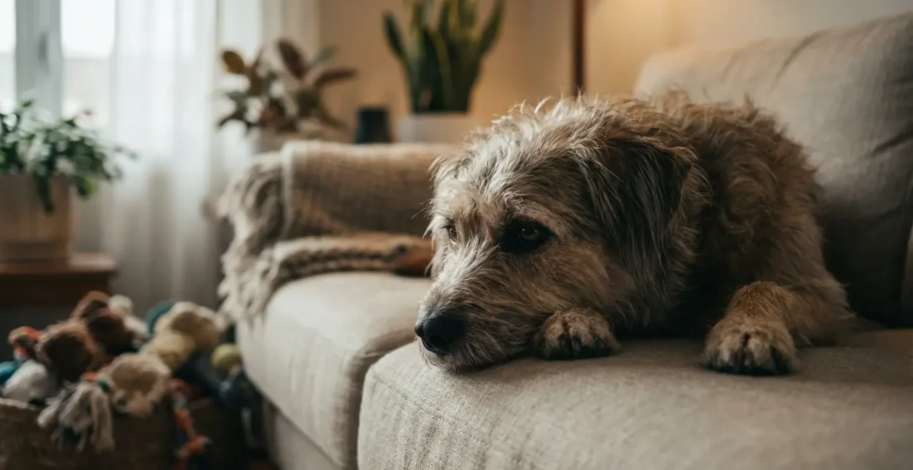 Chien allongé sur un canapé dans un salon chaleureux, regard mélancolique fixant le vide