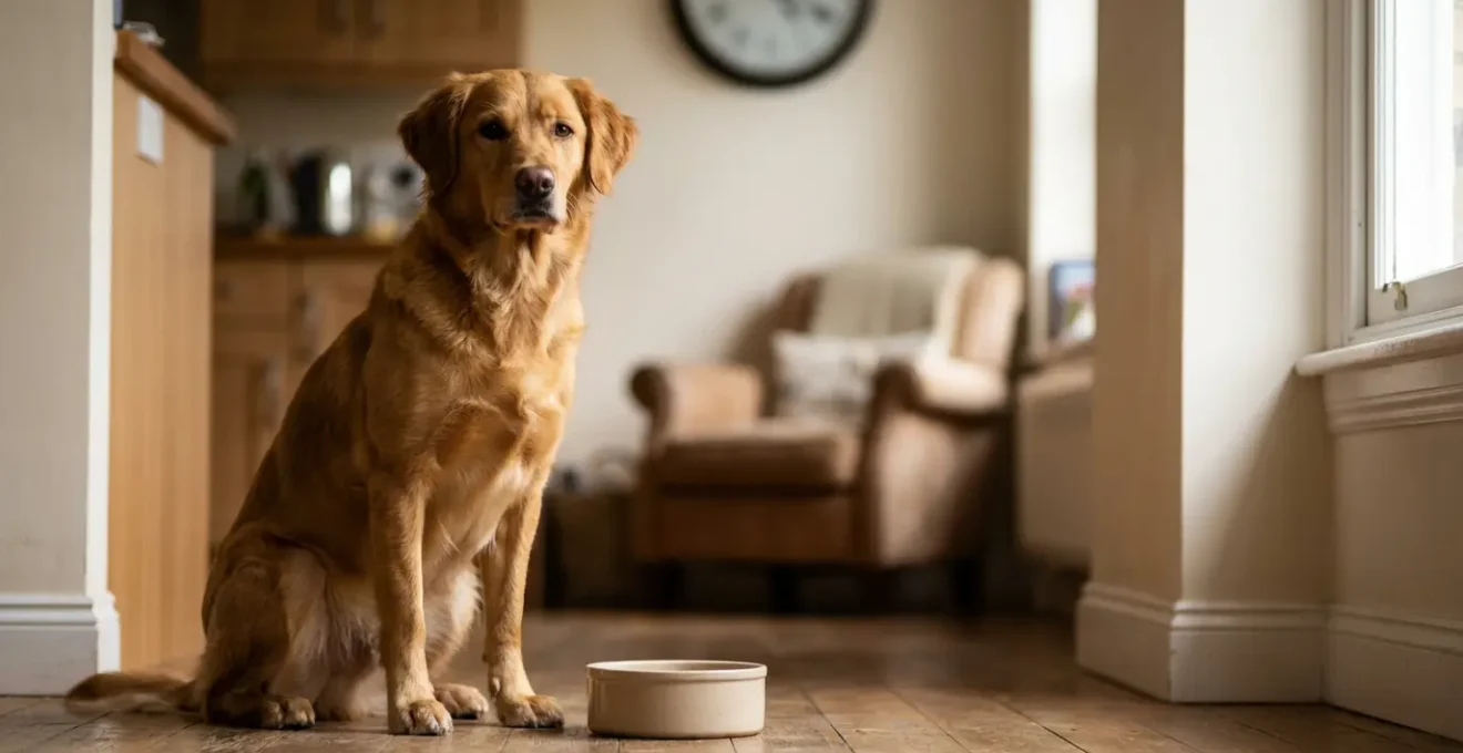 Chien calme assis attendant patiemment près de sa gamelle