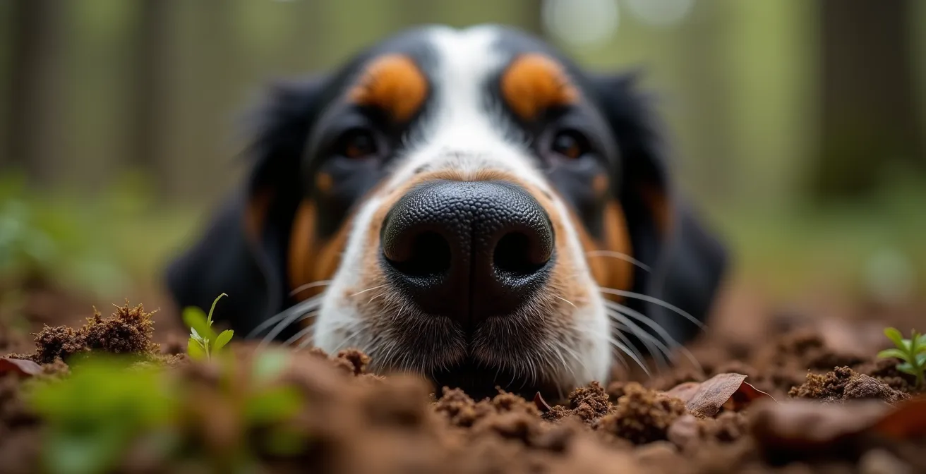 Gros plan macro sur la truffe d'un chien reniflant le sol lors d'un exercice de pistage