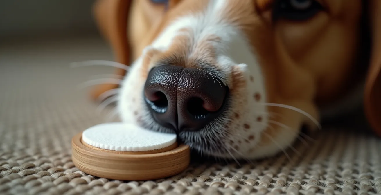 Chien âgé malvoyant utilisant son flair pour détecter une odeur lors d'un exercice adapté