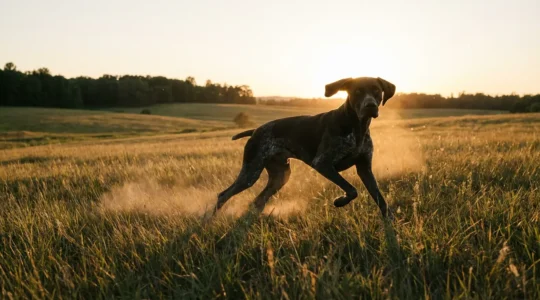 Chien de chasse en pleine course s'arrêtant net dans un champ verdoyant au signal du sifflet