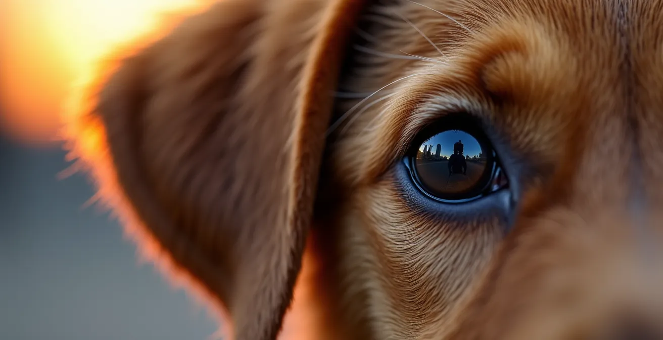 Gros plan sur l'oreille attentive d'un chiot, avec des reflets colorés suggérant les lumières et bruits de la ville.
