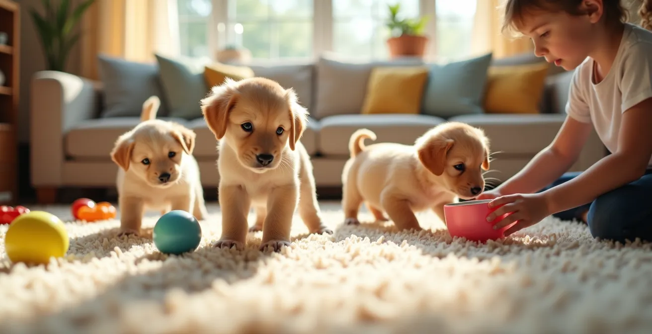 Chiots jouant dans un salon familial avec enfants et jouets, symbolisant l'environnement de socialisation idéal.