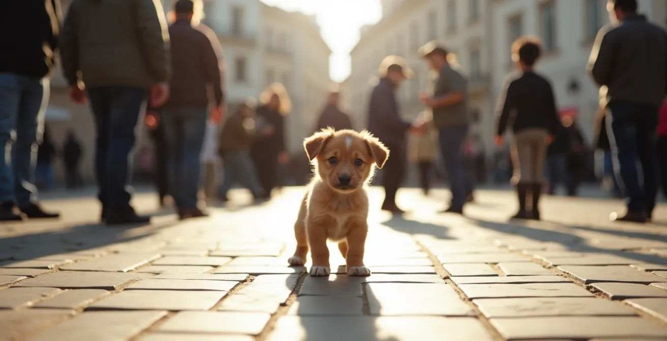 Chiot curieux observant les silhouettes variées de personnes dans un environnement urbain, symbolisant la socialisation.