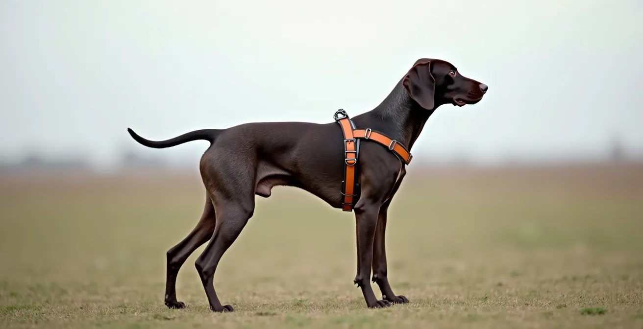 Vue latérale comparative d'un Braque allemand avec différents équipements, montrant l'impact sur la posture et la liberté de mouvement
