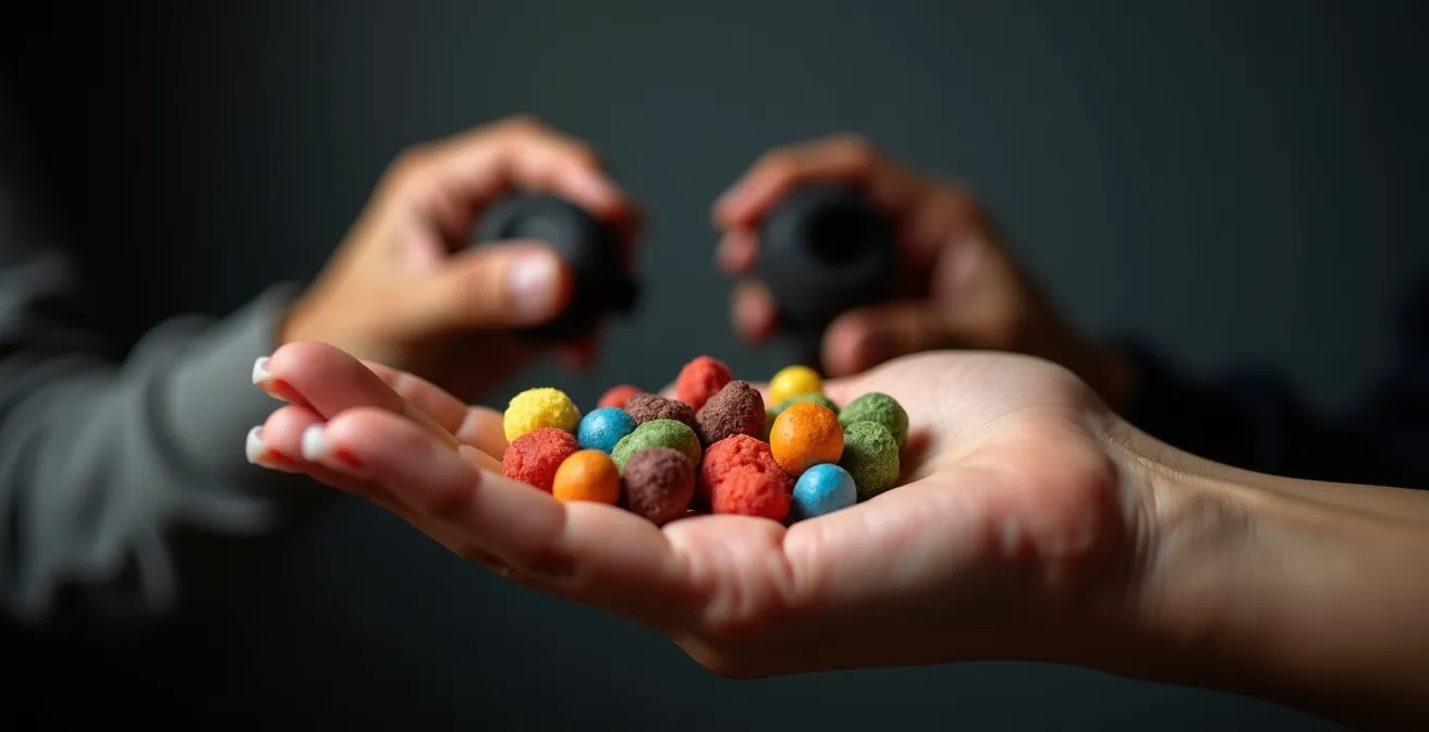 Gros plan sur les mains d'un éducateur tenant des outils d'éducation positive face à des outils coercitifs flous