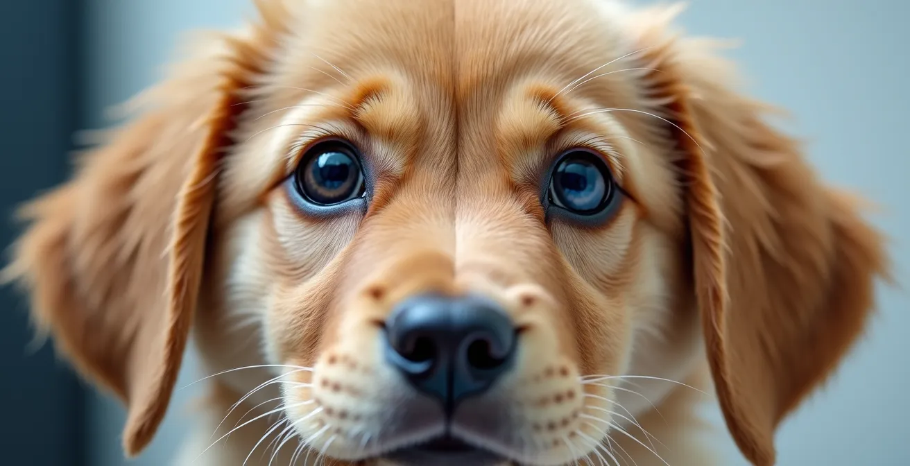 Comparaison visuelle entre un œil de chiot normal et un œil présentant un entropion avec paupière enroulée