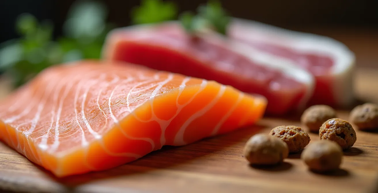 Différentes sources de protéines animales comme le saumon, le canard et des croquettes aux insectes, disposées sur une surface en bois naturel.