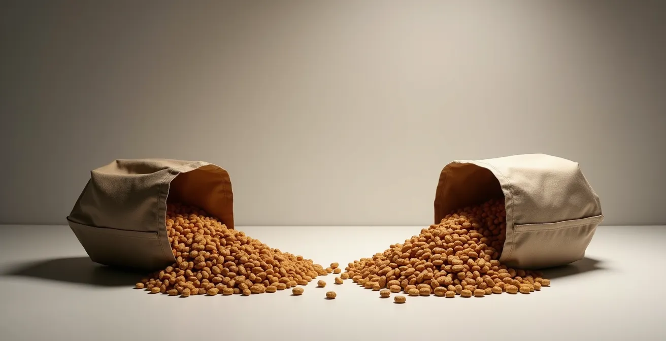 Deux sacs de croquettes sport avec mise en évidence visuelle de leurs différences caloriques