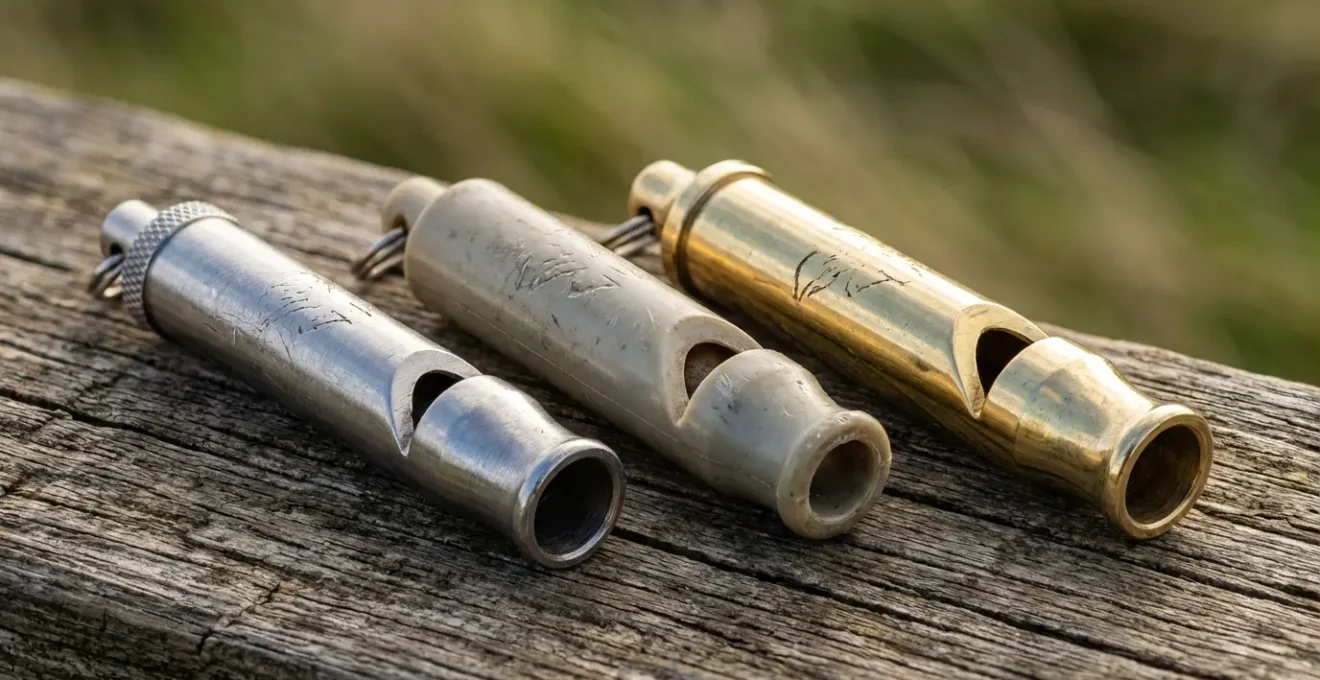 Différents types de sifflets de dressage disposés sur une surface en bois avec fond naturel flou