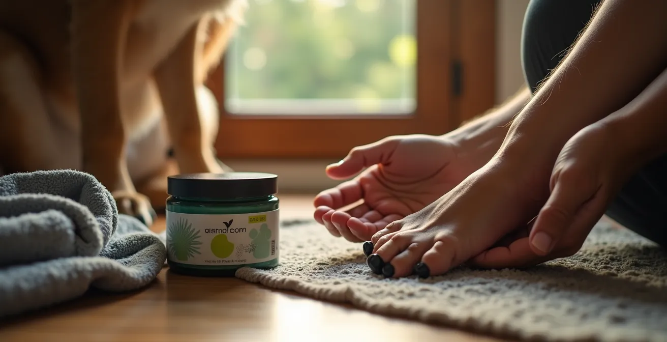 Gros plan sur un maître examinant avec soin les coussinets de son chien après un entraînement