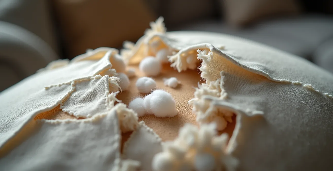 Détails macro de coussins et objets mordillés montrant les traces de stress du chien