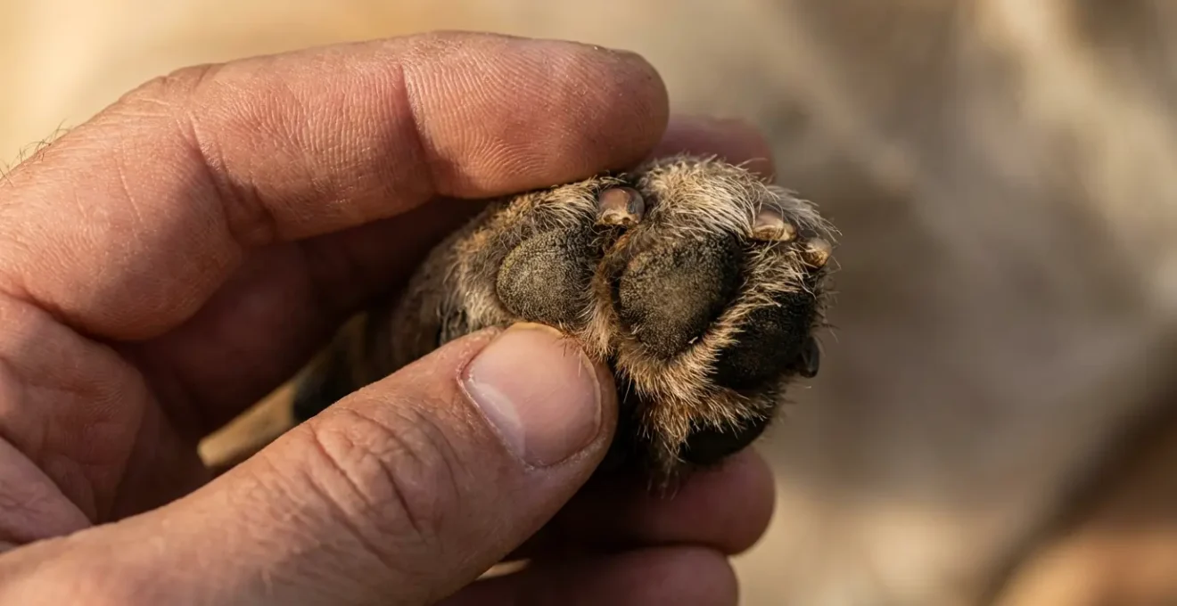 Détail macro de la connexion entre une main humaine et une patte de chien