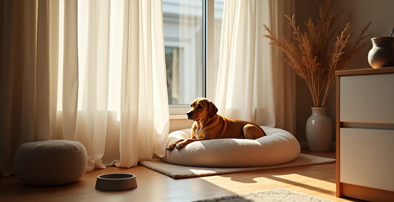 Coin confortable et délimité pour chien dans un appartement avec panier douillet