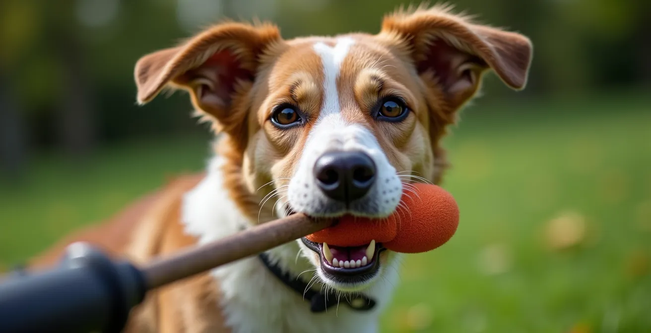 Chien en exercice de contrôle avec un jouet de type flirt pole dans un jardin