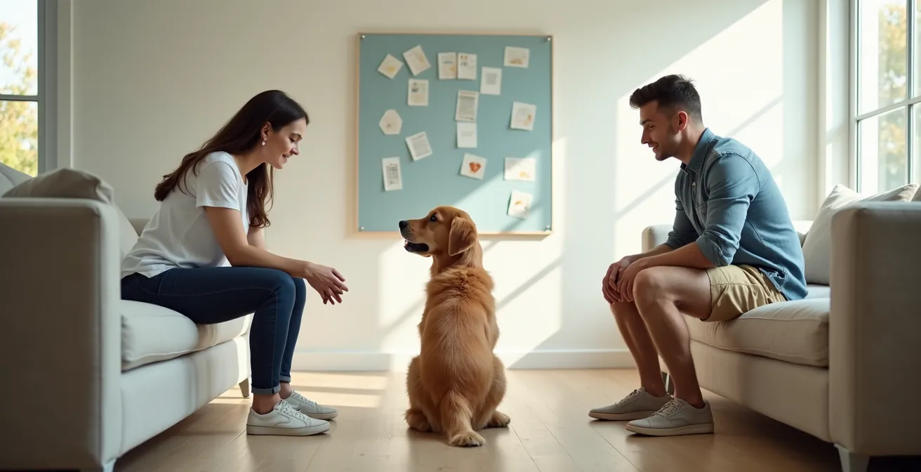 Une famille pratique ensemble les ordres avec leur chien dans le salon, tableau de suivi visible au mur