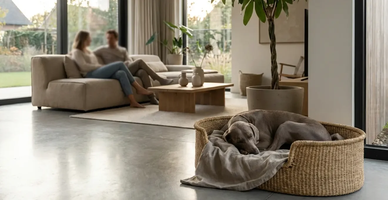 Braque de Weimar calme observant des invités depuis son panier dans un salon