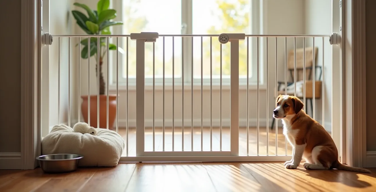 Aménagement intérieur avec barrières de sécurité entre espaces chien et lapin