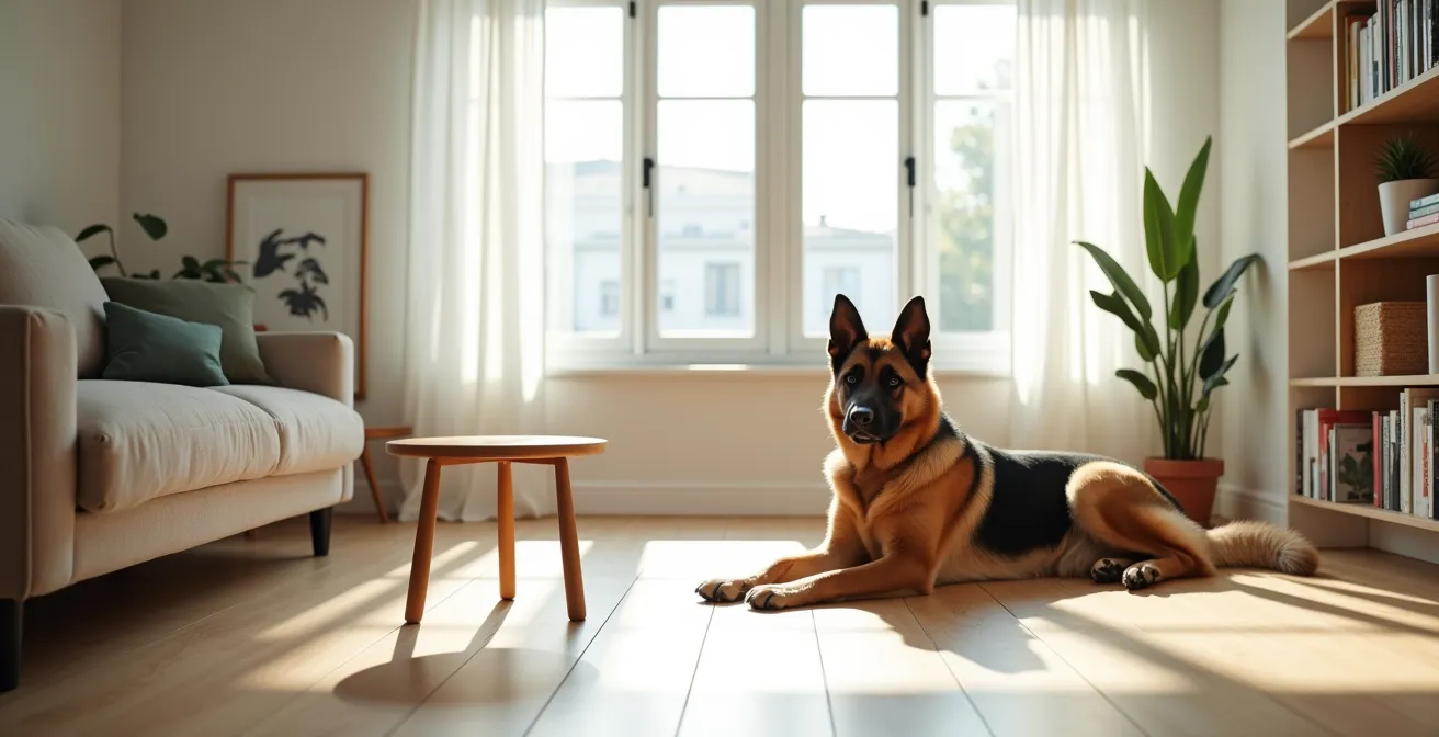 Grand chien allongé dans un petit appartement urbain lumineux