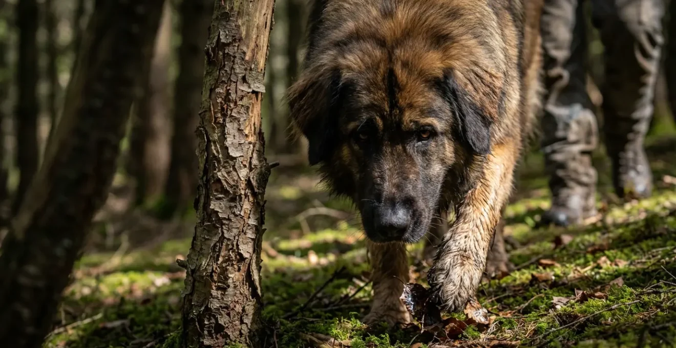 Grand chien slalomant entre les arbres en forêt avec son maître